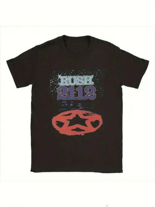 コットン200gのブラックのTシャツは、フロントに「RUSH」の文字が水色と紫のグラデーションで描かれ、「2112」の下には赤い五芒星がデザインされている。