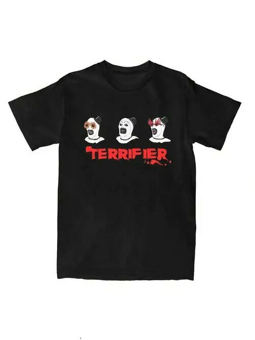 200gのコットン製ブラックTシャツのフロントには、3人の漫画風の白いマスクのグラフィックがプリントされている。
