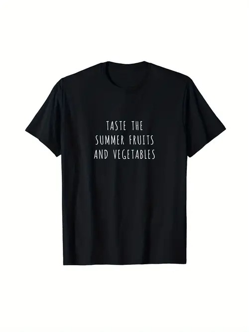 200gコットンTシャツ、夏のフルーツと野菜の黒Tシャツ、黒Tシャツに白文字、シンプルで夏らしい。夏の普段着に最適で、健康的な生活のコンセプトを伝えている。