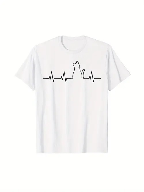 200gのコットン製Tシャツ。白いTシャツに黒猫のシルエットと鼓動のラインが組み合わされ、鼓動のように強い猫への愛を象徴している。猫好きが日常生活やペット愛好家と交流する際に着用するのに適している。