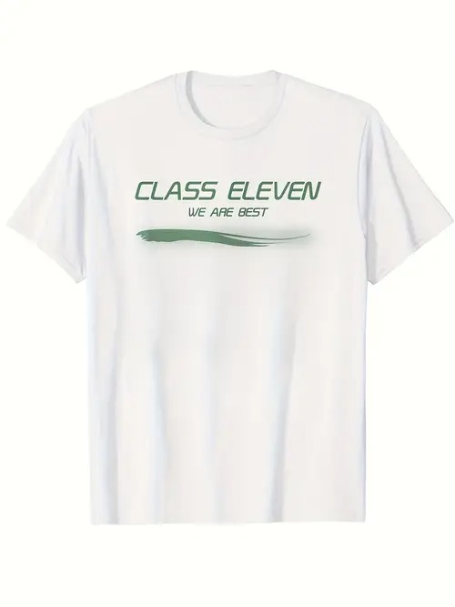 200gのコットン製Tシャツ。Tシャツ中央にテキスト、その下にすっきりとしたグリーンの筆記体グラフィックがプリントされている。