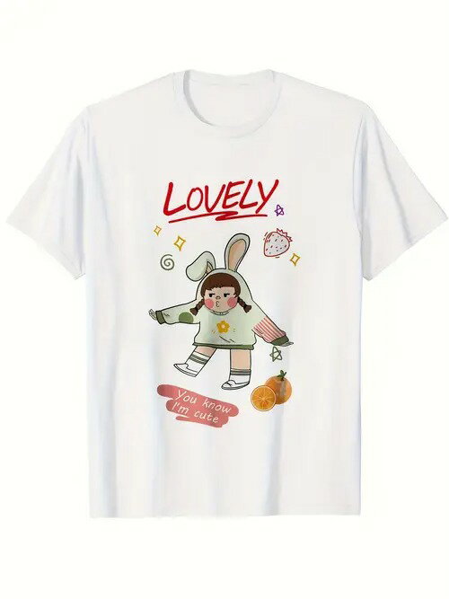 200gのコットン製Tシャツ。ウサギの服を着た漫画の女の子が微笑み、その隣にはイチゴやオレンジなどの..
