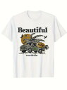 200gのコットン製Tシャツ。ヴィンテージのグリーンのピックアップ・トラックの荷台にはサーフボードが描かれ、背景には夕日とヤシの木、そしてテキストが夏の旅の雰囲気を醸し出している。