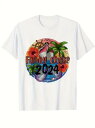 200gのコットン製Tシャツ。Tシャツの中央にテキストがプリントされ、背景にはクルーズ船、ヤシの木、花が色鮮やかにデザインされている。