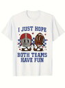 200gのコットン製Tシャツは、青と白のチェック柄を背景に、小さな赤いハートに囲まれた2人の擬人化されたフットボールとヘルメットの漫画が、笑顔で手をつないで立っている。トップにはブルーの大文字があしらわれ、スポーツ・イベントへの優しい願いを伝えている。