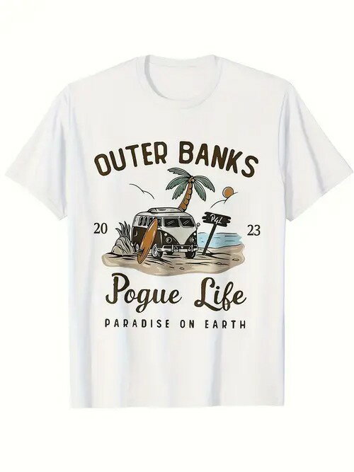 200gのコットン製Tシャツ。ヴィンテージ風のイラストが中央にプリントされ、クラシックなバンの横にはサーフボード、背景にはビーチ、ヤシの木、夕日が描かれている。