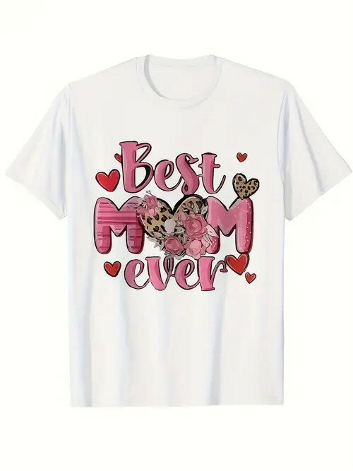 200gのコットンTシャツ、ピンクと赤の文字がプリントされたTシャツ。「O 」の文字はヒョウ柄のハートにデザインされ、その周りを小さな赤いハートがいくつも囲んでいる！