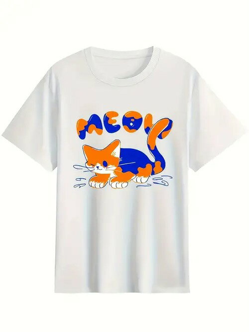 白いTシャツの中央にオレンジとブルーの猫がプリントされた200gのコットン製Tシャツで、猫の上には文字が描かれ、文字の色は猫の色と同じで、全体的にキュートで遊び心のあるデザイン。