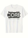 ブラックとグレーのテキストとグラフィック、大文字の「CORE」のテキスト、そして背景にツイル柄をあしらった、都会的でトレンディなデザインの200gコットンTシャツ。