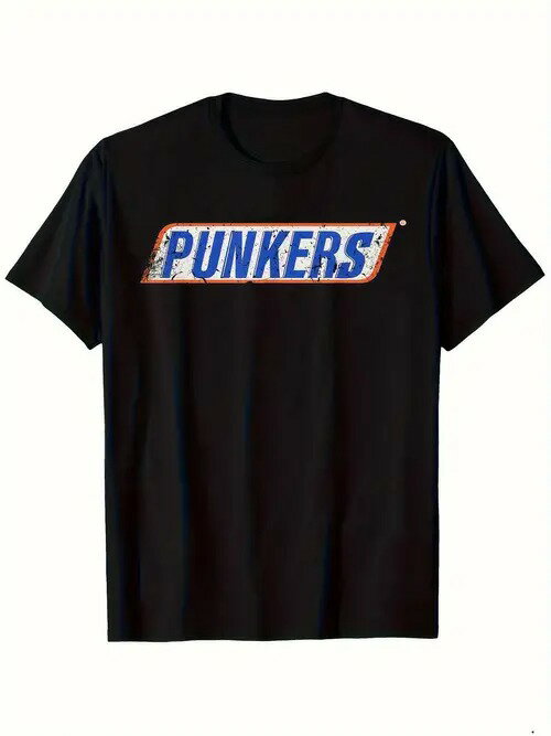 200gTシャツ中央にテキストがプリントされ、ブルーとオレンジの文字、ほつれた縁、パンク風のデザイン。