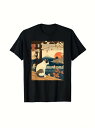 200グラムの綿Tシャツ浮世絵猫、黒T +浮世絵猫プリント、伝統的なかわいい、爆発のレトロな文学的な感覚のブレンドは、展覧会、街歩きに着用すると、超目を引く!(4)