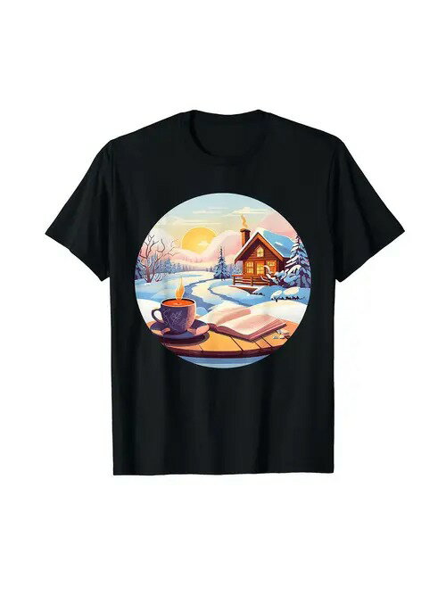 200gコットンTシャツ冬の癒し黒T＋雪山山小屋＋ホットドリンクで、雰囲気満点！家でも喫茶店でも着られ..