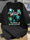 200gの黒の半袖Tシャツで、背中にはカラフルな星柄と文字があしらわれている。アメリカン・ヴィンテージ、アメリカン・ショートスリーブのトレンド、ゆったりとしたコットン生地、着心地が良く通気性に優れています。