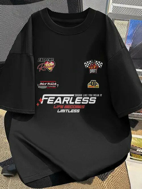 200gのブラック半袖Tシャツには、モータースポーツの要素とモチベーションを高めるテキストがプリントされ、スピードと情熱に満ちたスタイルで、大胆不敵なスピリットをアピールしている。ヒップスタースタイル、コットン生地で着心地がよく、通気性も抜群。