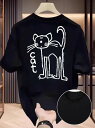 200gの黒の半袖Tシャツ。背中に猫の白いスケッチと「cat」の文字がプリントされている。ピュア・コットン製で、着心地がよく通気性に優れ、毛玉ができにくく、型くずれしにくい。