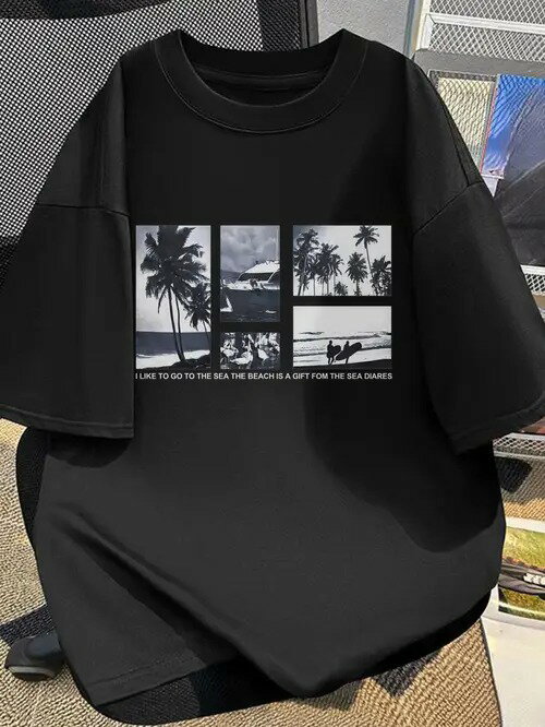 この200gのブラック半袖Tシャツは、ビーチ、ヤシの木、ボートなどのモノクロ写真をコラージュし、その..
