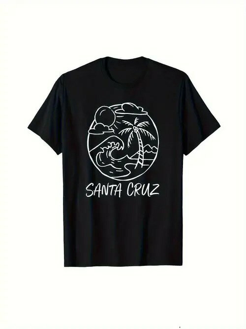 コットン200gのTシャツの前面には、太陽、雲、ヤシの木、海の波が描かれた白い線画のグラフィックがプリントされ、その下にはホリデーを連想させる文字があしらわれている。