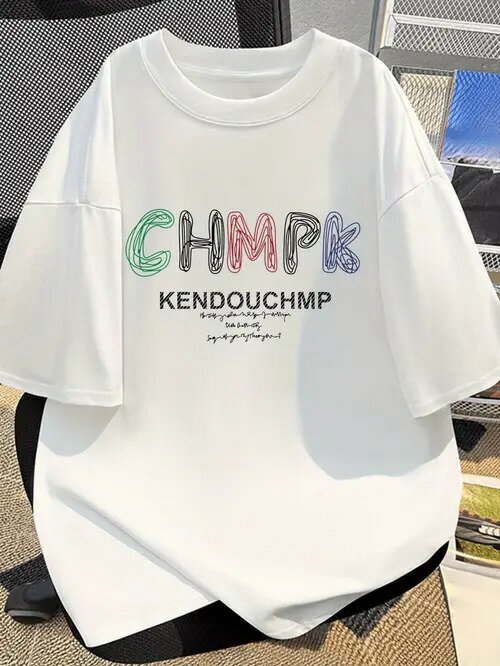 200gのホワイトTシャツにはカラフルな文字がプリントされ、トレンディなデザイナー風。快適性、通気性、吸汗性に優れた230gのコットンを使用。