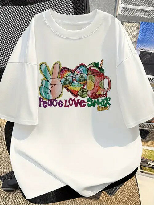 200gの白いTシャツは、前面にビールのジェスチャー、愛、サングラス、フルーツカップ、文字などのグラフィック要素がふんだんにあしらわれ、夏のエネルギーと自由な雰囲気、カジュアルなスタイル、休日の感覚に溢れている。