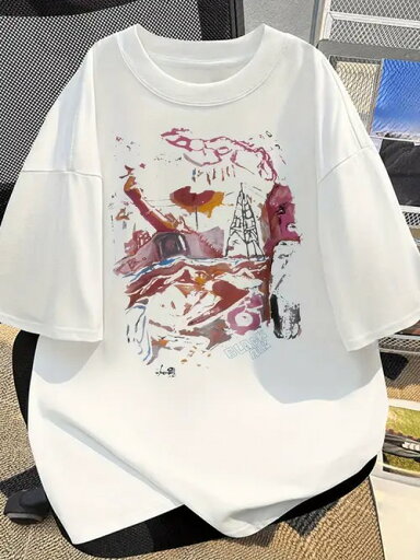 カラフルで抽象的なスタイルがプリントされた200gホワイト半袖Tシャツ。ピュア・コットンを使用しているので、着心地がよく、通気性に優れ、毛玉ができにくく、型くずれしにくい。 カラフルで抽象的なスタイルがプリントされた200gホワイト半袖Tシャツ。ピュア・コットンを使用しているので、着心地がよく、通気性に優れ、毛玉ができにくく、型くずれしにくい。