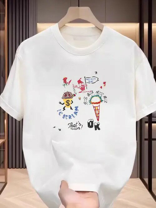 200gの白Tシャツは、遊び心とトレンド感が満載です!白いボディには、アイスクリームや動物、小人など、..