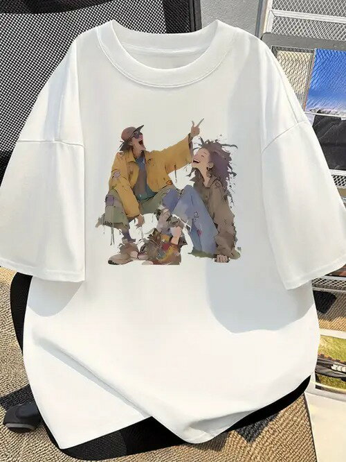 アニメのキャラクターがプリントされた200gのホワイトTシャツは、トレンディで個性的なスタイル。この..