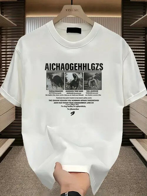 プリント文字と黒と白のグラフィックをあしらった200gホワイトクルーネック半袖Tシャツ。コットン生地で作られており、着心地がよく、通気性に優れている。着心地はゆったりとしており、男女兼用である。