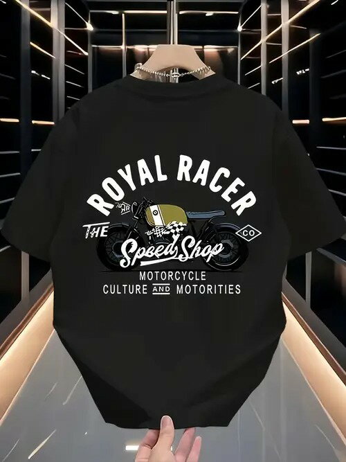 背中に文字とバイクのグラフィックがプリントされた、200gのブラック・クルーネック半袖Tシャツ。コットンで着心地が良く、通気性に優れ、男女兼用のルーズフィット。