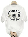 200g背中にテキストとバッジのパターンを持つ200グラムの白Tシャツ、アメリカのレトロなスタイル、カレッジスタイルの綿生地、快適で通気性