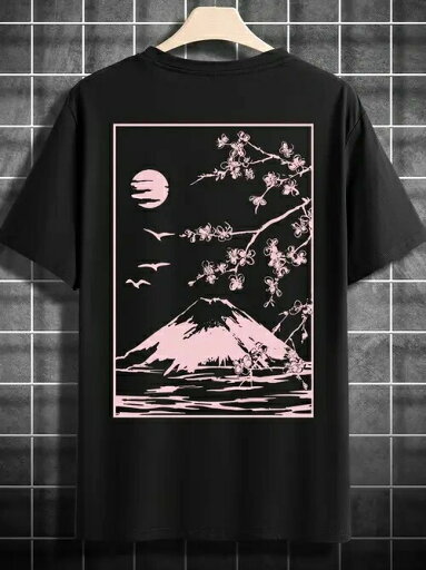 富士山、桜の枝、月、そして猛禽類が描かれた200gの黒いTシャツはゆったりとしたサイズ。富士山は日本の象徴的な山脈であり、桜は日本の国花であり、しばしば儚さと華麗さの美を象徴し、月と鳥は写真の幽玄なムードを高めている。 富士山、桜の枝、月、そして猛禽類が描かれた200gの黒いTシャツはゆったりとしたサイズ。富士山は日本の象徴的な山脈であり、桜は日本の国花であり、しばしば儚さと華麗さの美を象徴し、月と鳥は写真の幽玄なムードを高めている。