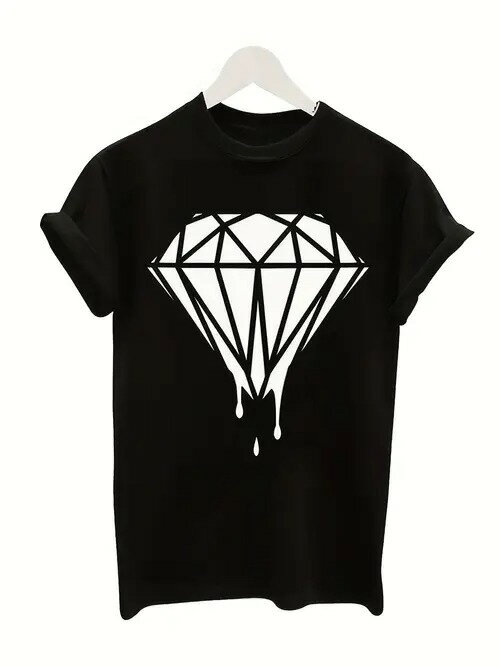 200gのブラック半袖Tシャツには、ホワイトのダイヤモンド柄がプリントされ、ダイヤモンドの下部にはと