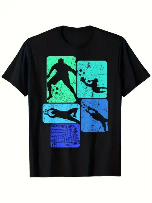 200g フットボールをテーマにした黒いTシャツで、以下のような物理的情報がある：デザインは、色（緑、青など）の正方形の背景に、様々なアクション（ボールを運ぶ、セービングなど）をするフットボール選手のシルエットと、フットボールとゴールである。