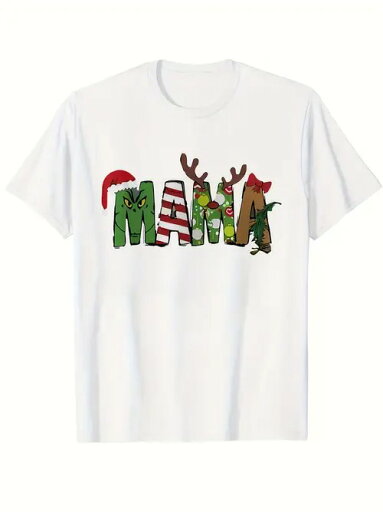 200gのコットンTシャツは、アルファベット1文字1文字が異なる柄で飾られています。「M 」はサンタの帽子とグリーンのテクスチャー、「A 」はトナカイの角と赤と白のストライプ、"M M 「はクリスマスツリーとプレゼント、」A "はエルフの靴と緑の葉。