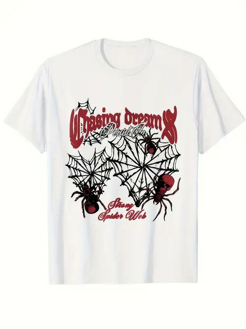 赤と黒の蜘蛛の巣と蜘蛛のグラフィックがフロントにプリントされた200gのコットンTシャツで、上には赤の大文字、下には小さな赤の文字があしらわれ、全体的にダークとインスピレーションのコンビネーションが表現されている。
