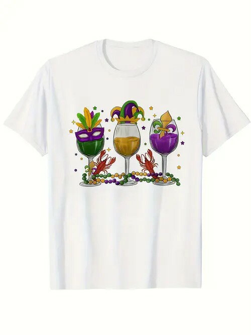 緑、黄、紫の液体を満たした3つのワイングラスが、ザリガニとカラフルなビーズの装飾に囲まれたマルデ..