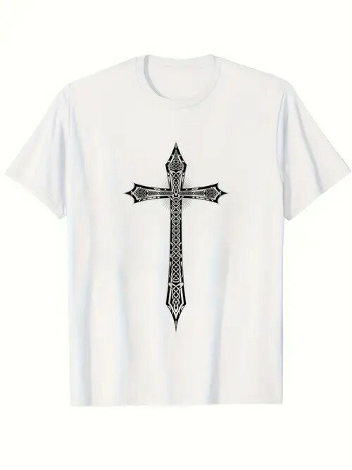 200gの白いTシャツには、繊細な花柄で飾られた黒い十字架がプリントされている。十字架はキリスト教に..