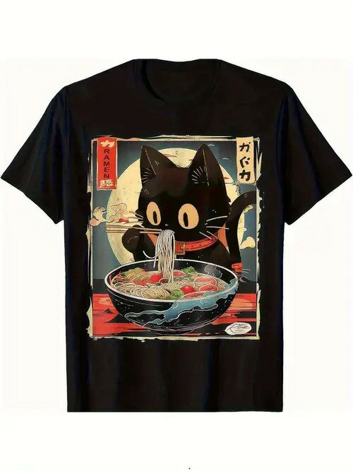 コットン200gのTシャツには、黒猫がラーメンを食べている姿が描かれ、前面には箸、どんぶりには日本語..