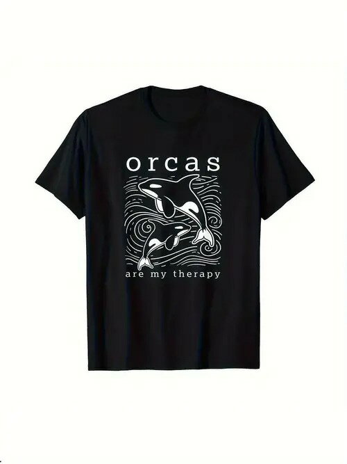 コットン200gのこのTシャツは、フロントに白い文字、中央に波間を泳ぐ2頭のオルカの白いシルエット・イメージを配し、オルカへの愛とオルカがもたらす癒しを伝えている。