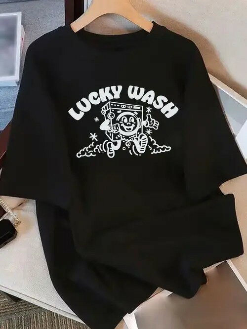200g文字:「LUCKY WASH」は、tシャツにプリントされたコピーで、ラッキーで楽しい洗濯モチーフの雰囲気..