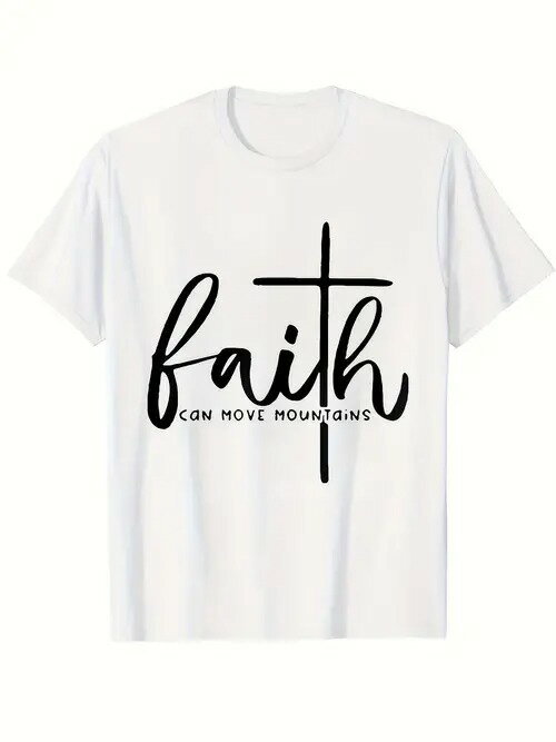 200gのコットン製Tシャツで、袖は白のショートスリーブ、フロントには黒のテキストとグラフィックがあしらわれている。 上部には手書き風の文字、下部には小さめのフォント、中央にはシンプルな十字架のモチーフが配され、信仰心の強さを感じさせる。