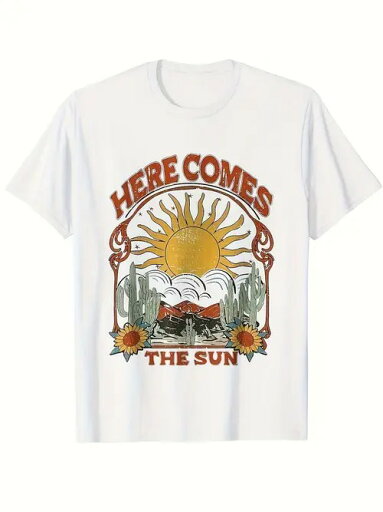 200gヴィンテージ・スタイルのトレンディなTシャツ、太陽、砂漠、サボテン、ヒマワリ・パターン、スタイル・アメリカン・ヴィンテージ、ヒッピー、衣服の自然、太陽のテーマに属し、自然への憧れ、ポジティブな雰囲気を伝える。