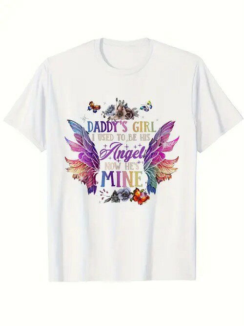 フロントにカラフルなテキストとグラフィックをあしらった200gコットン製Tシャツ。 テキストは様々な色で表現され、カラフルな羽と蝶のモチーフに囲まれ、全体的に温かみのあるスタイルで、父と娘の間の深い感情を表現している。