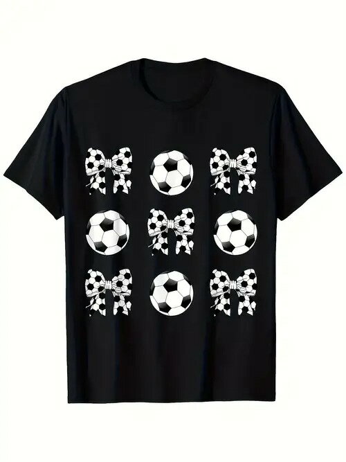 200gのブラック半袖Tシャツに、ホワイトのフットボールとリボンのプリント。スポーティーさと甘さを併せ持つスタイルは、フットボール愛好家やファッショナブルで個性的な着こなしを追求する人に適している。ピュアコットンで着心地がよく、通気性に優れ、ルーズフィット。(4)