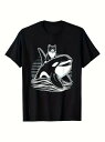 200gの黒い半袖Tシャツには、漫画風のシャチと猫のデザインがプリントされ、猫がシャチの背中に座っている、絵が面白くてかわいい。コットンで着心地がよく、通気性に優れ、ルーズフィット。