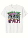 200gのコットン製Tシャツで、フロントにはカラフルなテキストとウサギの漫画がプリントされている。 文字の中央にはサングラスをかけた3匹の漫画のウサギ、背景にはピンク、紫、緑と異なる色のウサギの耳と色とりどりの斑点が描かれています。
