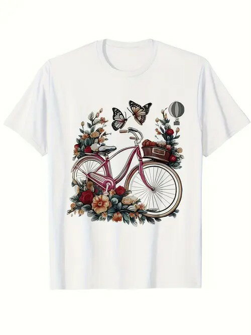 200gのコットン製Tシャツはフロントにピンクの自転車がデザインされ、様々な色の花と2匹の蝶が自転車を囲んでいる。