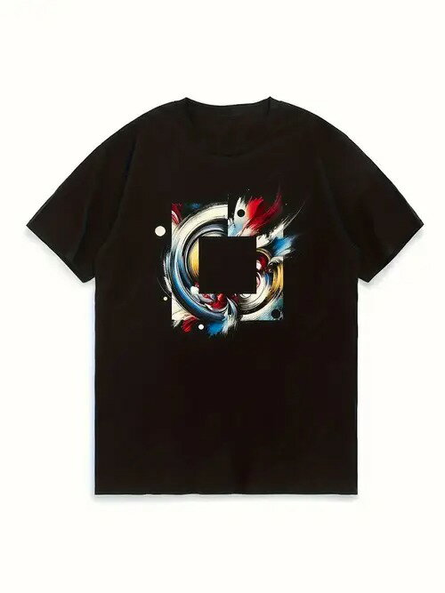 200gのブラック半袖Tシャツは、トレンディでアーティスティックなカラフルな抽象アート・デザイン。コットンで着心地がよく、通気性に優れ、ルーズフィット。