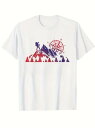 フロントにブルーとレッドのプリントをあしらった200gコットンTシャツ。 コンパスの横に山の頂上に立つ登山家のシルエットが描かれ、背景には山や木々のシルエットが描かれ、全体的にアウトドア・アドベンチャーの雰囲気を醸し出している。