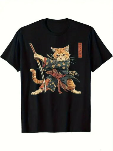200gのコットンTシャツに、サムライキャットのグラフィックと「武士ネコ兵隊」の日本語をプリント。 200gのコットンTシャツに、サムライキャットのグラフィックと「武士ネコ兵隊」の日本語をプリント。