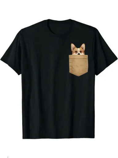 200gのコットンTシャツのフロント左側にはポケットがあり、そこからコーギーの頭が顔を出している。 200gのコットンTシャツのフロント左側にはポケットがあり、そこからコーギーの頭が顔を出している。